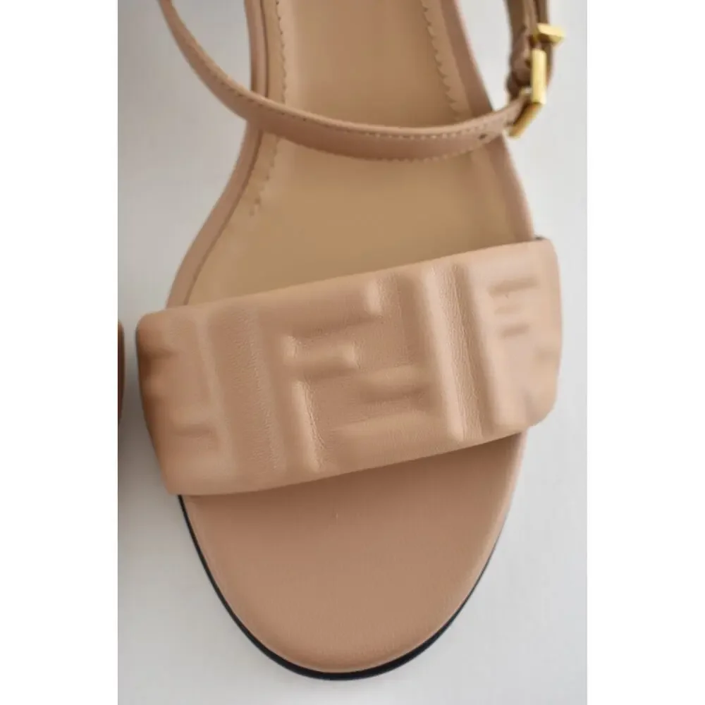 Fendi Delfina Sandal 65mm Dark Honey Beige Leather FF Logo Ankle Strap Heel 37.5